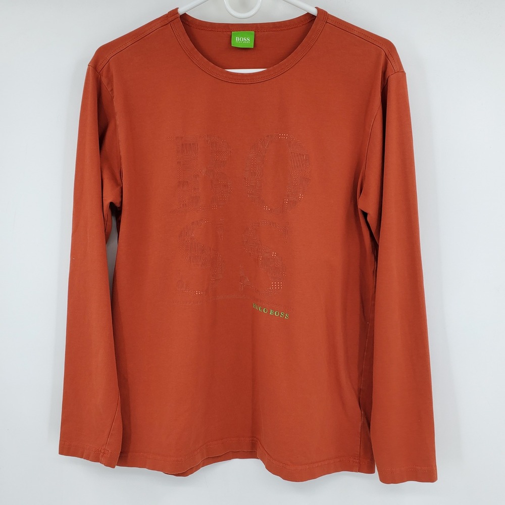 Hugo Boss Green Label Mens Long Sleeve Tee Burnt Orange Textured Logo Shirt L